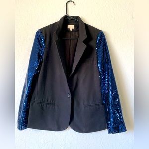Black Blazer with Navy Blue Sequin Sleeves. Small.